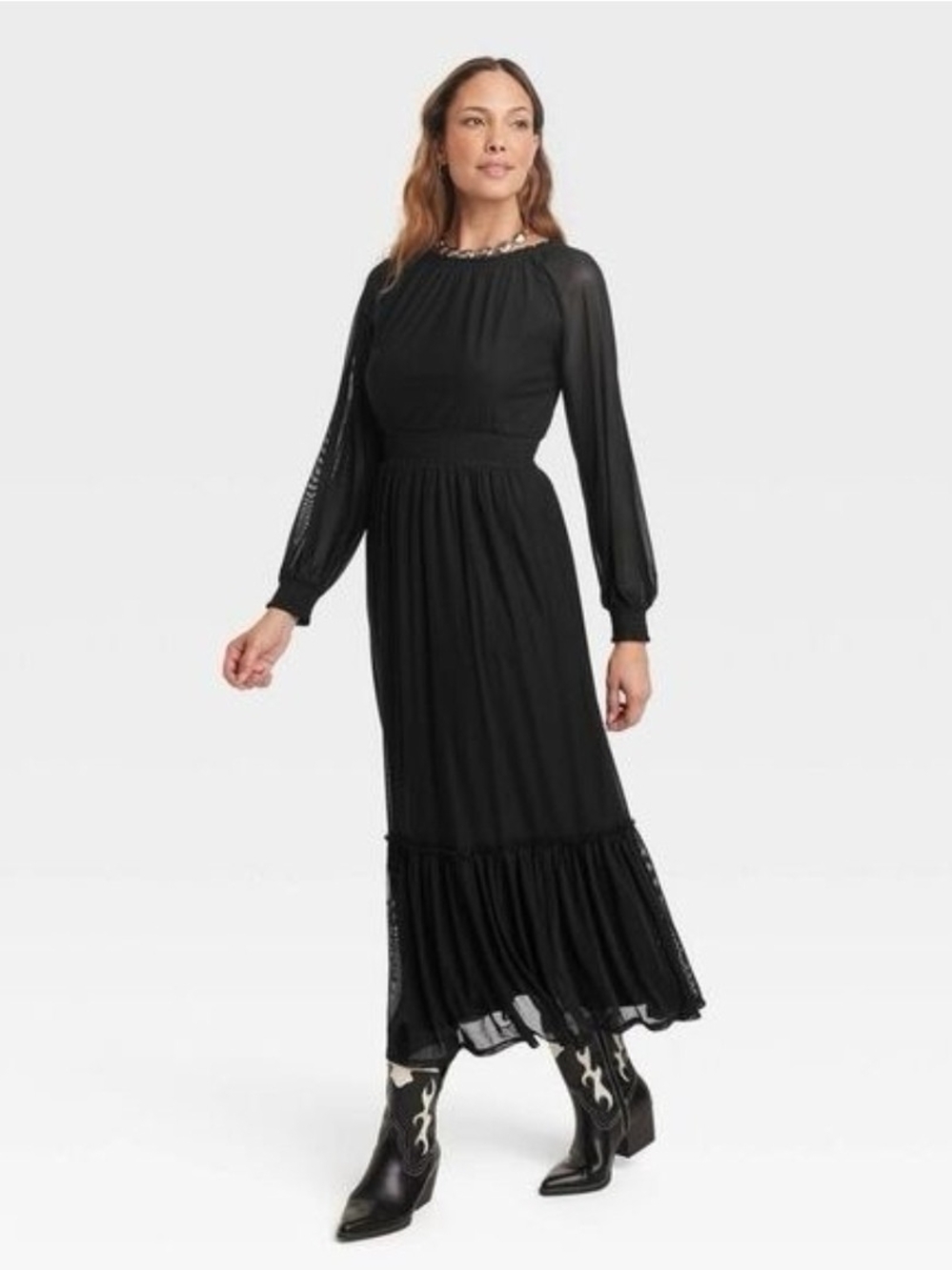 Knox Rose Black Long-Sleeve Maxi Dress with Ruffled Hem